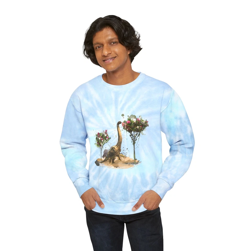 Dino Tie-Dye Sweatshirt, Brachiosaurus Eating from Flower Bouquet, Unisex - Image 4