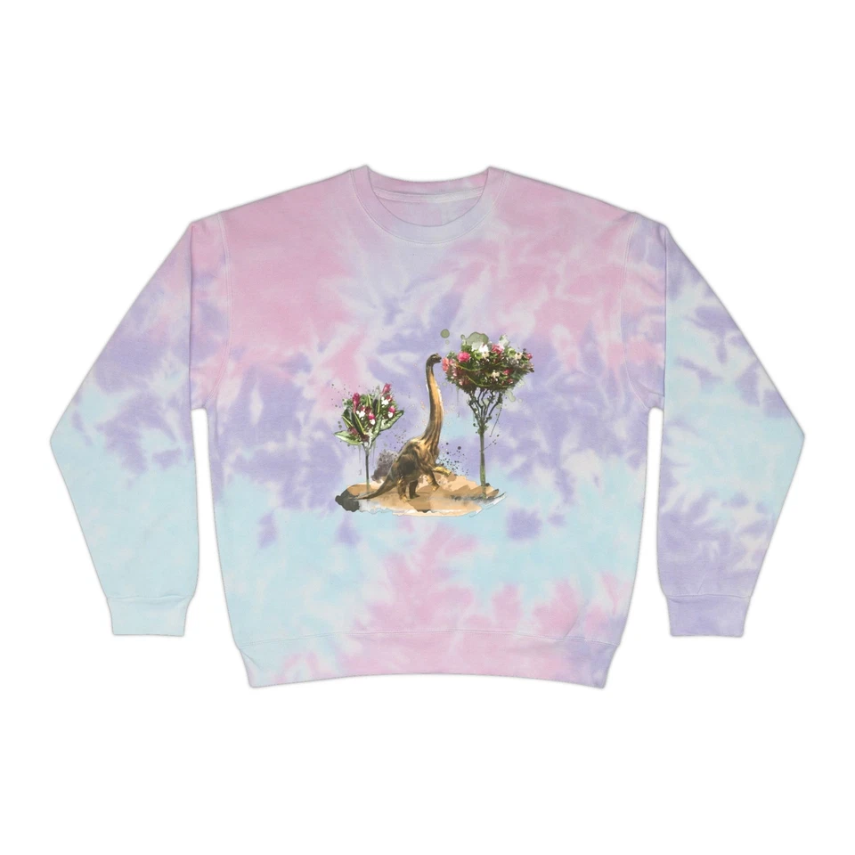 Dino Tie-Dye Sweatshirt, Brachiosaurus Eating from Flower Bouquet, Unisex - Image 6