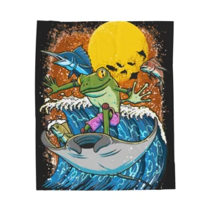 Plush Blanket, Surfing Frog Velveteen Throw, Beach Lover Gift, Cozy Blanket