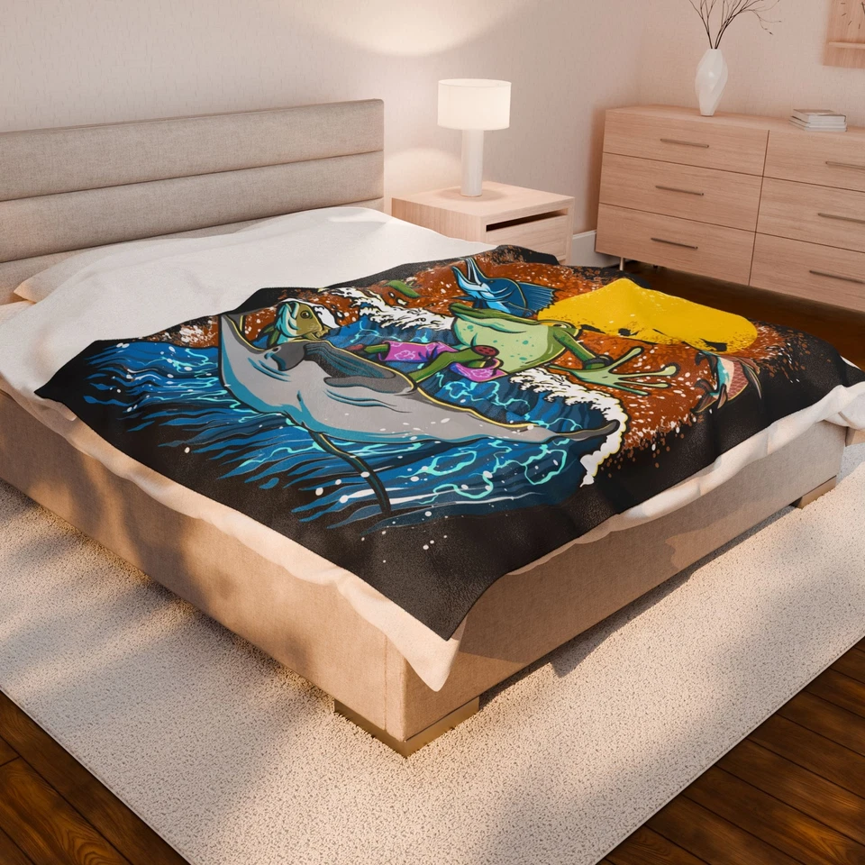 Plush Blanket, Surfing Frog Velveteen Throw, Beach Lover Gift, Cozy Blanket - Image 10