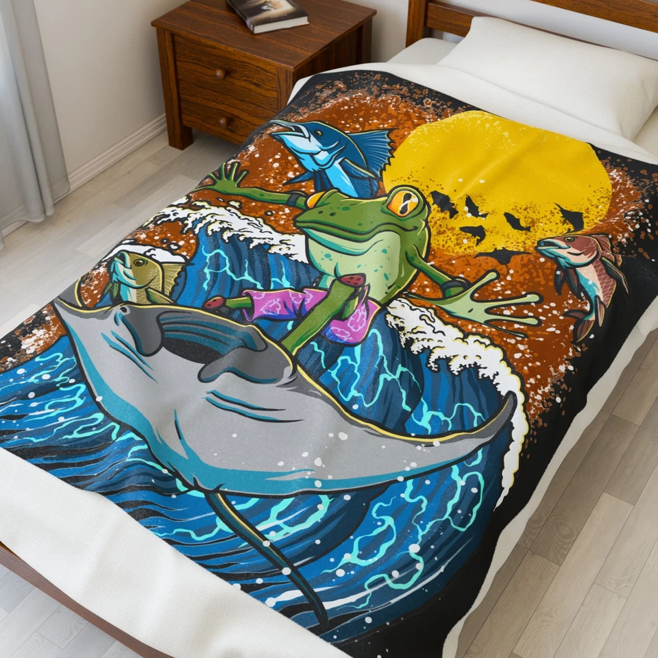 Plush Blanket, Surfing Frog Velveteen Throw, Beach Lover Gift, Cozy Blanket - Image 3