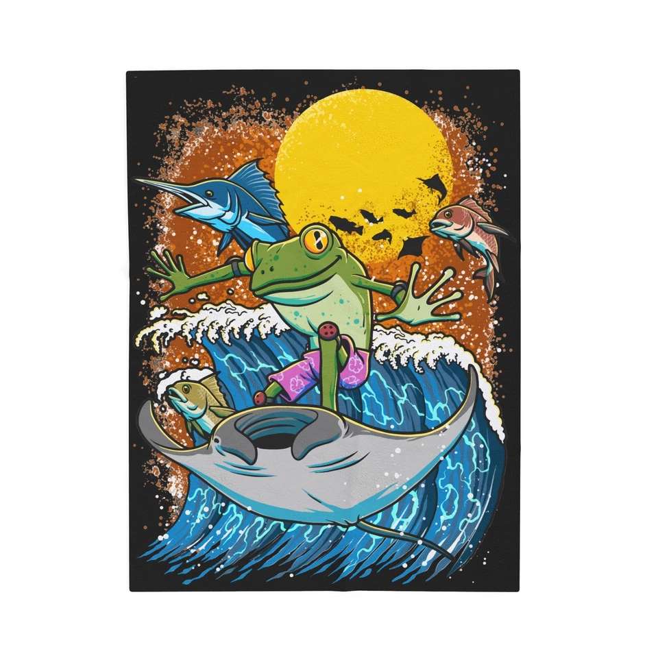 Plush Blanket, Surfing Frog Velveteen Throw, Beach Lover Gift, Cozy Blanket - Image 2