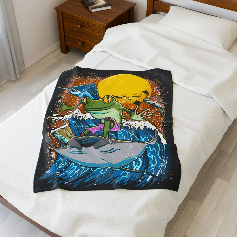 Plush Blanket, Surfing Frog Velveteen Throw, Beach Lover Gift, Cozy Blanket - Image 5