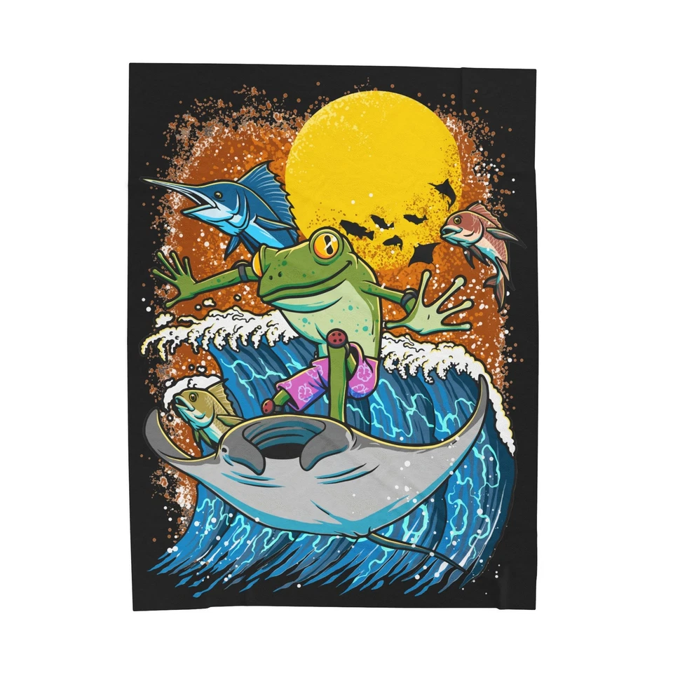 Plush Blanket, Surfing Frog Velveteen Throw, Beach Lover Gift, Cozy Blanket - Image 8