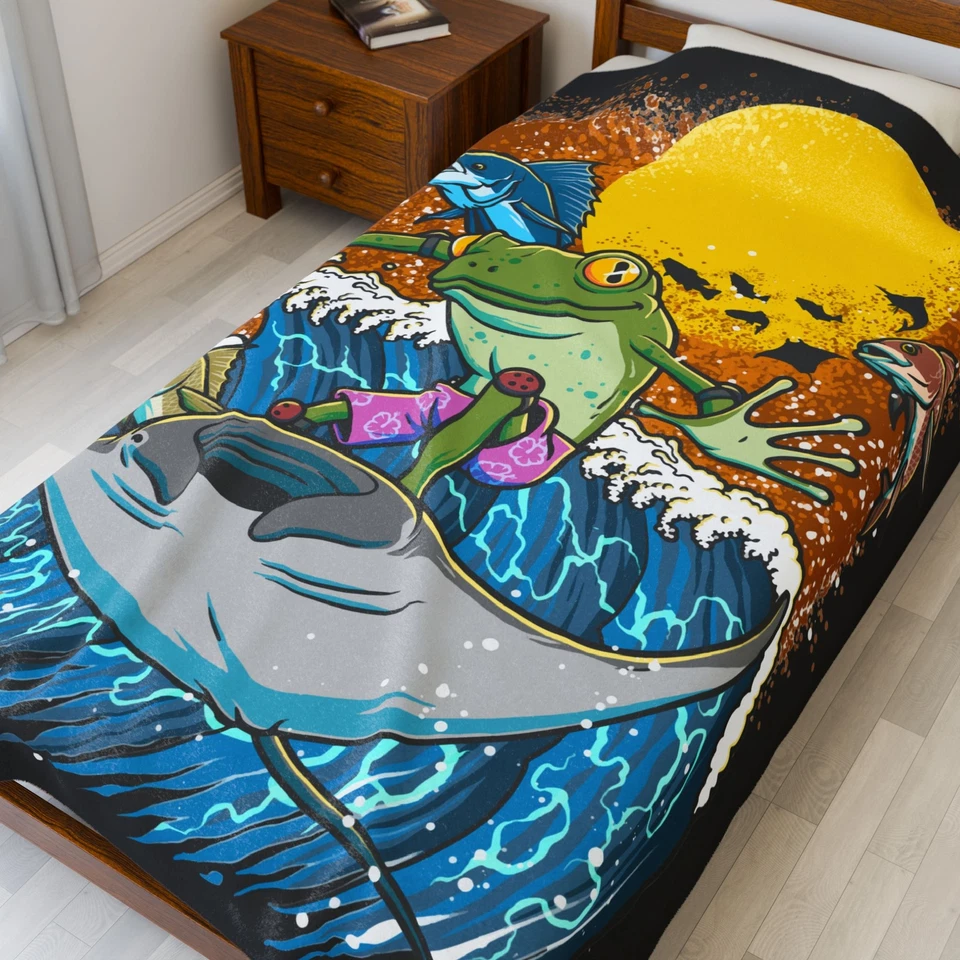 Plush Blanket, Surfing Frog Velveteen Throw, Beach Lover Gift, Cozy Blanket - Image 9