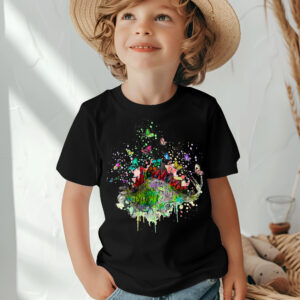 Kids Tee, Cute Stegosaurus Dinosaur with Butterflies Print, Children's T-Shirt,